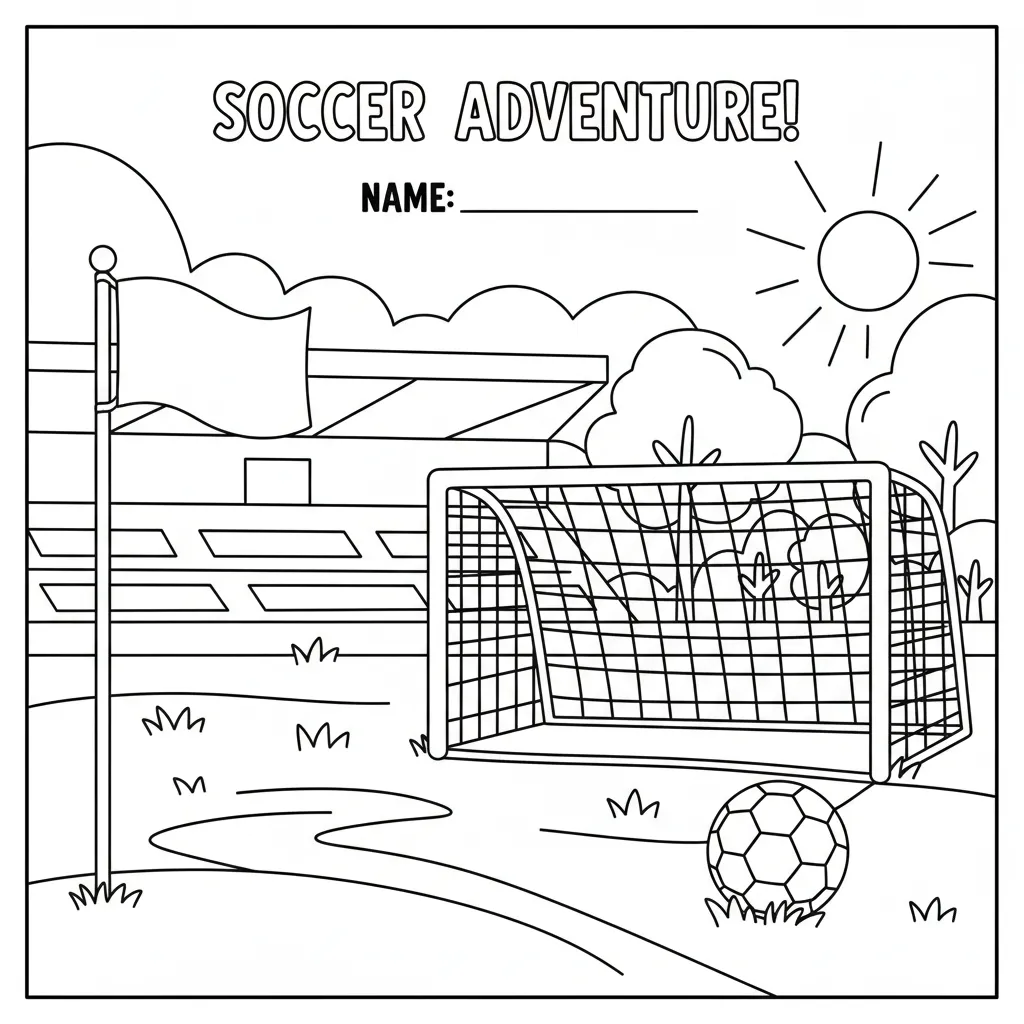 soccer coloring page for kids featuring a goal post