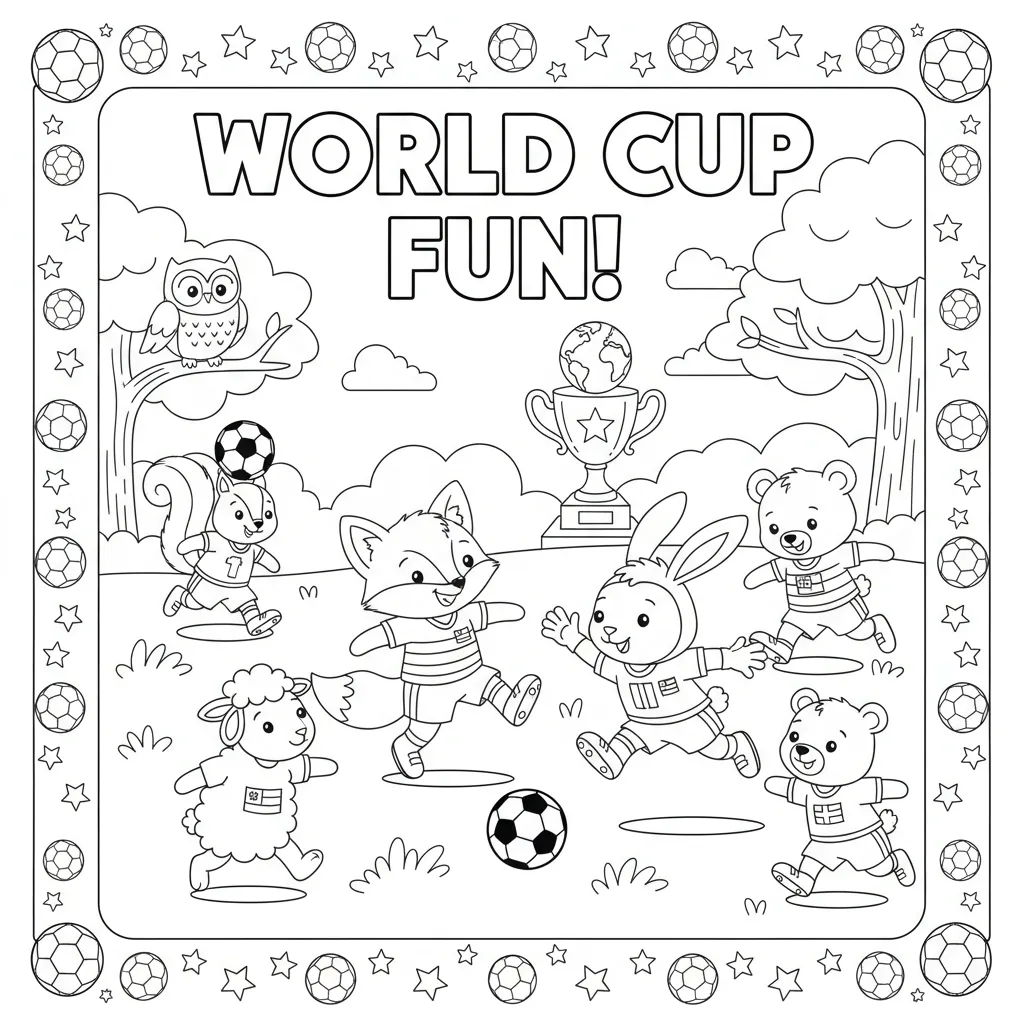 soccer coloring page for kids featuring cute animals playng soccer