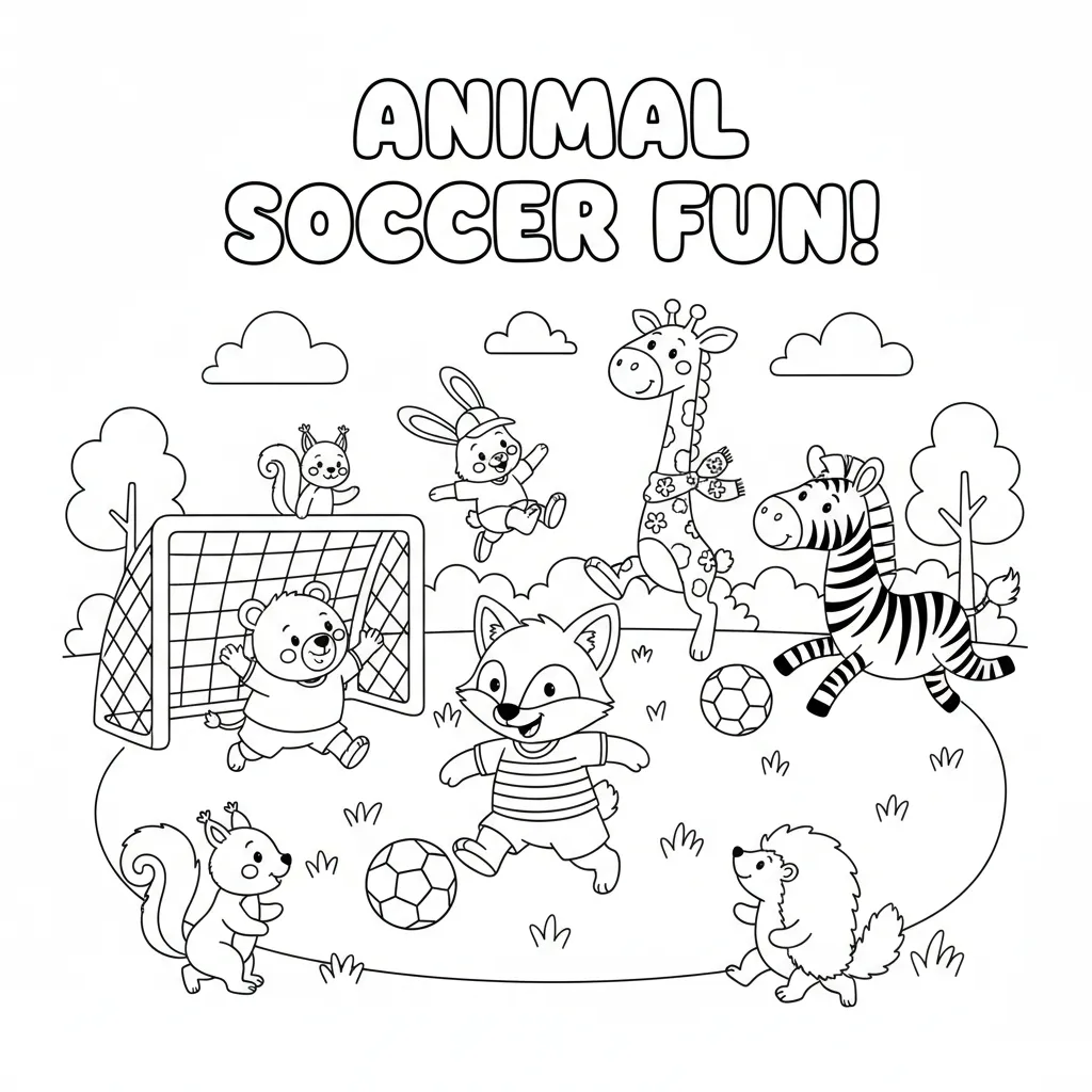 soccer coloring page for kids featuring cute animals playng soccer!