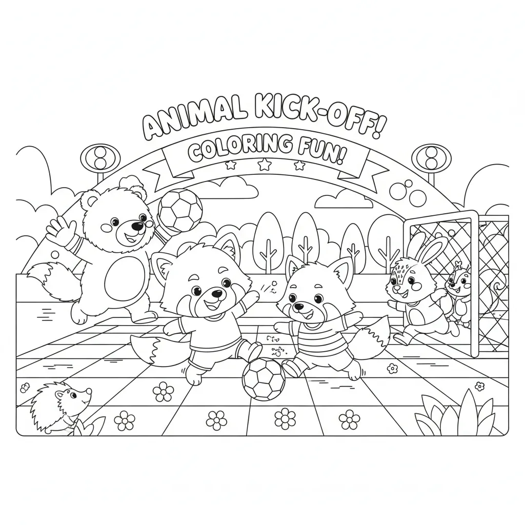 soccer coloring page for kids featuring cute animals playng soccer