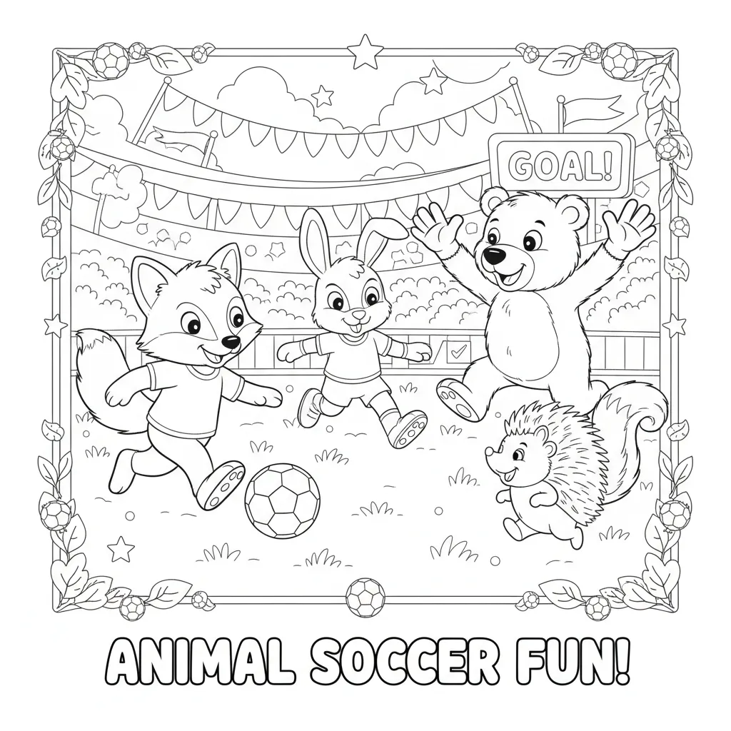 soccer coloring page for kids featuring cute animals playng soccer