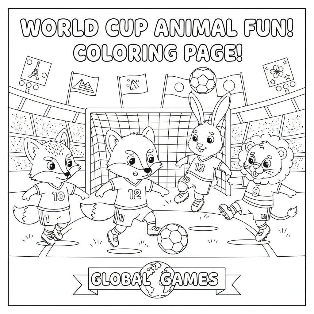 soccer coloring page for kids featuring cute animals playng soccer
