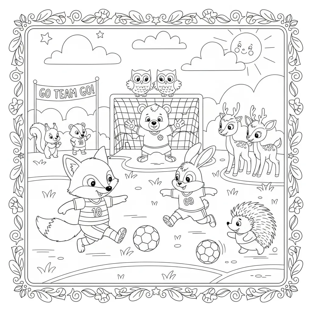 soccer coloring page for kids featuring cute animals playng soccer