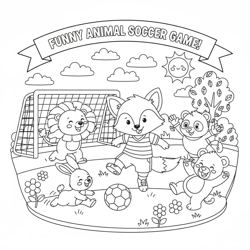soccer coloring page for kids featuring cute animals playng soccer