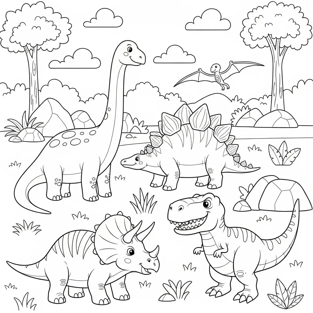 kids dinosaur coloring page of different dinosaur species like a t-rex and pterodactyl