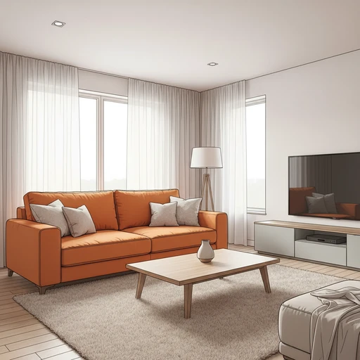 Desenho de uma sala de estar com paredes, cortina, mesa de centro e tapete em tons neutros de bege; sofá na cor laranja virado de frente para a mesa de centro, de costas para a janela, perpendicular à televisão.