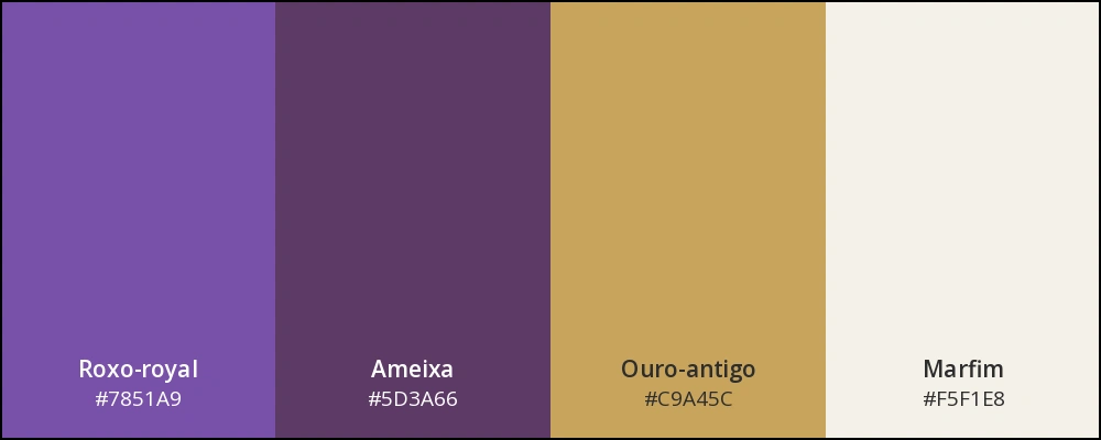 Paleta com quatro cores: roxo-royal, ameixa, ouro-antigo e marfim.