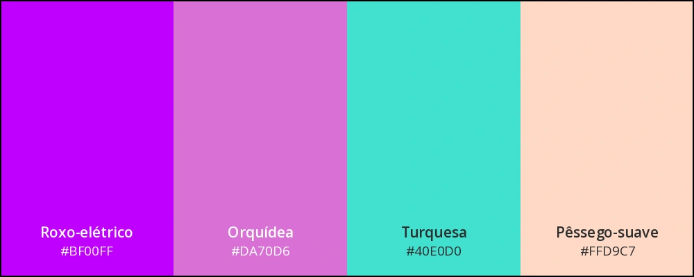 Paleta com quatro cores: roxo-elétrico, orquídea, turquesa e pêssego-suave.