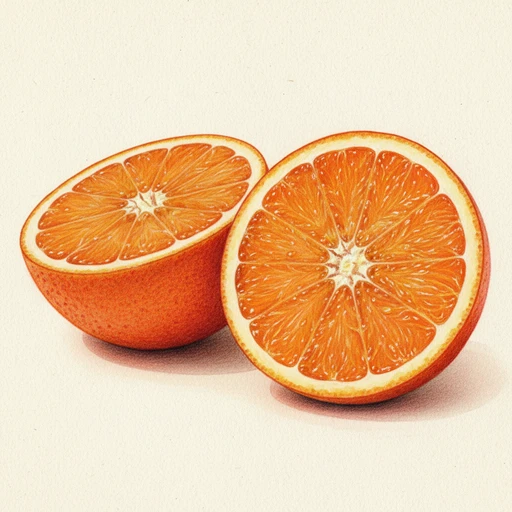 Desenho realista de uma laranja cortada ao meio, com a polpa virada para cima e para frente.