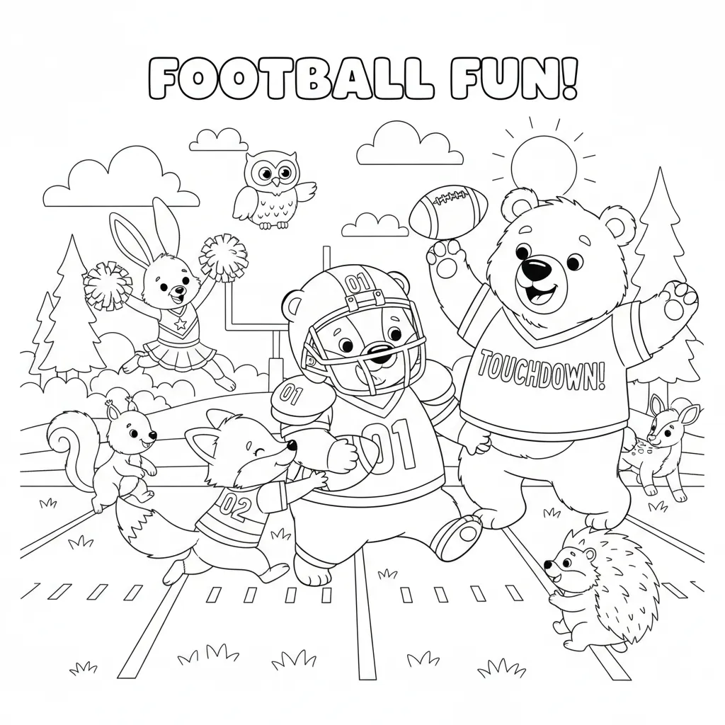 american football themed coloring page of cute animals playing with the words football fun