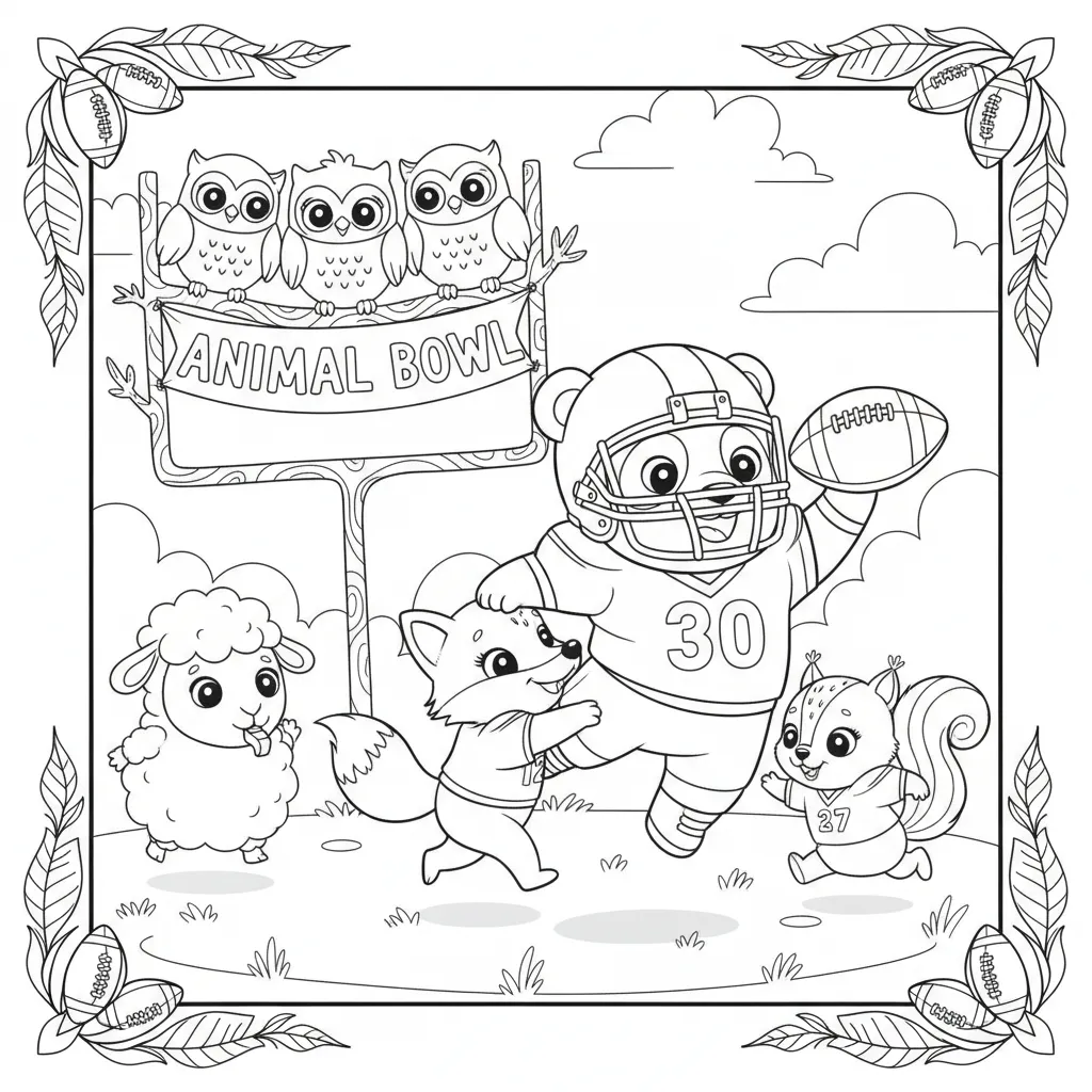american football themed coloring page of cute animals playing
