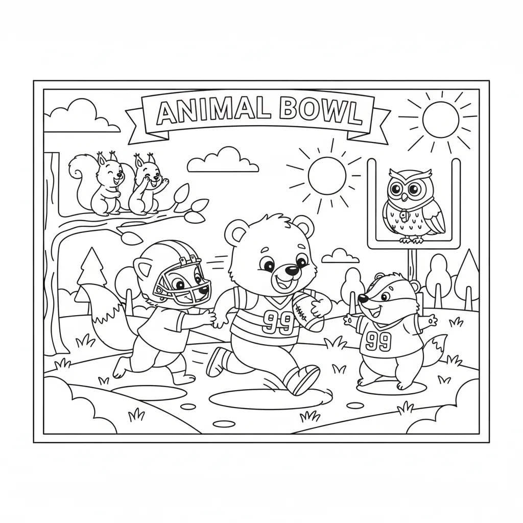 american football themed coloring page of cute animals playing