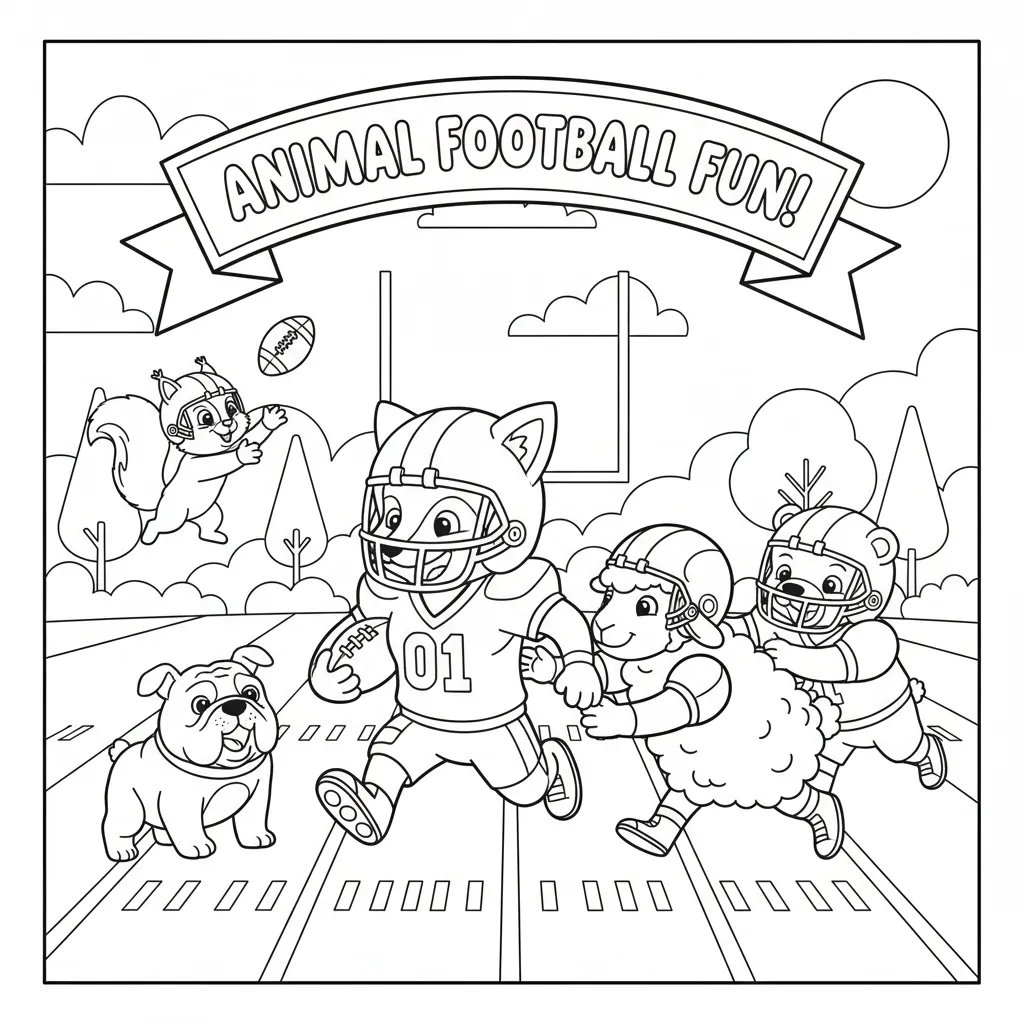 american football themed coloring page of cute animals playing and the words animal football fun