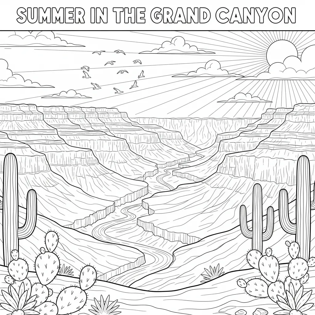 summer coloring page of a vacation scene in the grand canyon