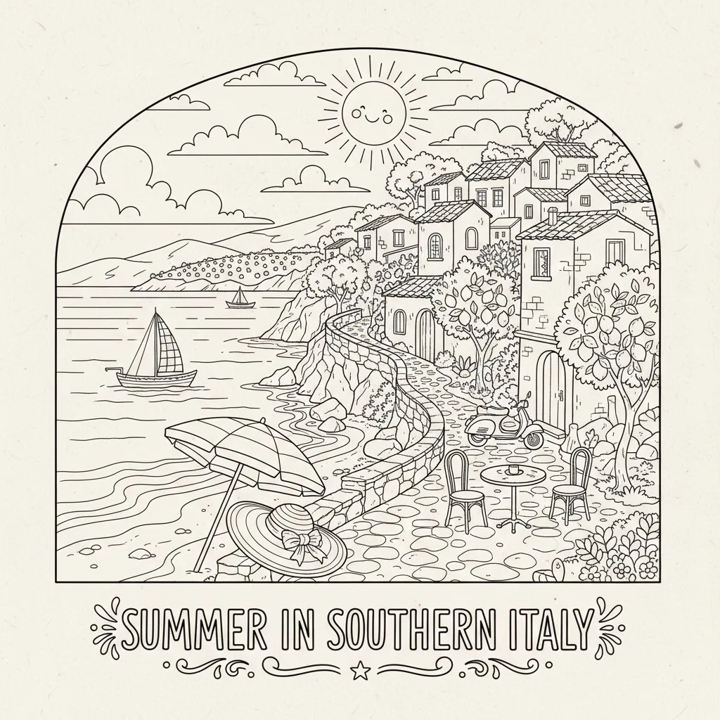 summer coloring page of a vacation scene in souther italy