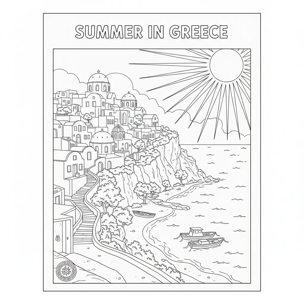 summer coloring page of a vacation scene in greece