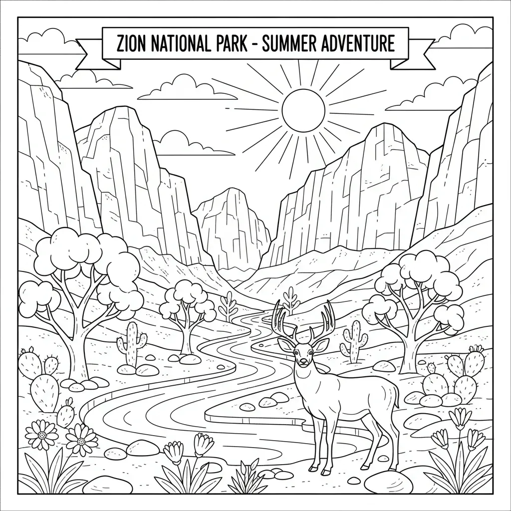 summer coloring page of a vacation scene in zion national park