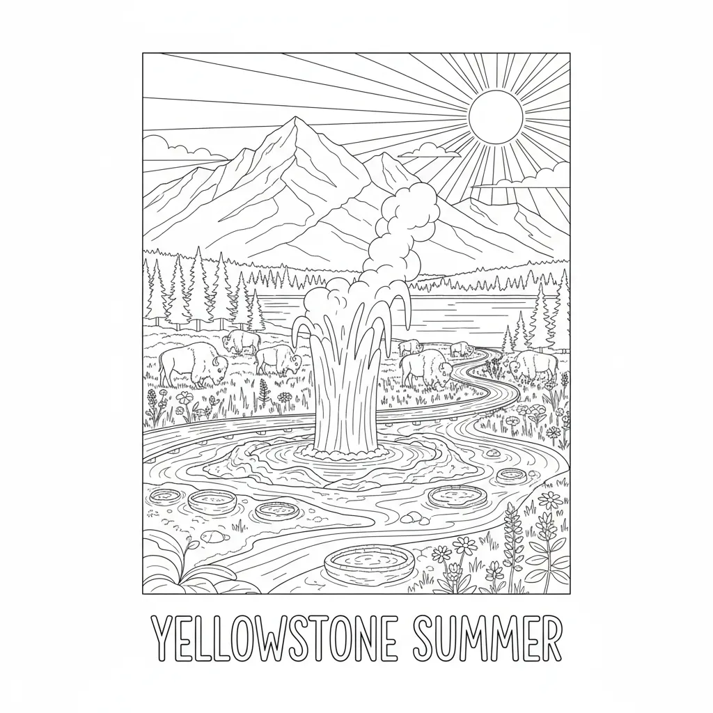 summer coloring page of a vacation scene in yellowstone national park