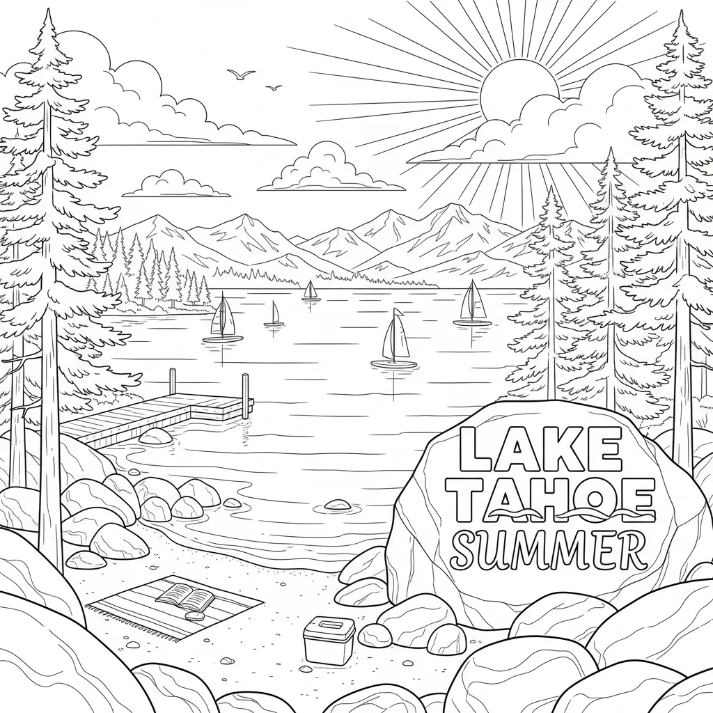 summer coloring page of a vacation scene in lake tahoe