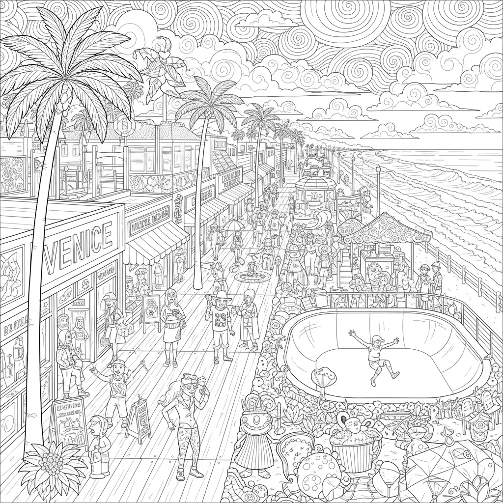 summer coloring page of a vacation scene in venice beach
