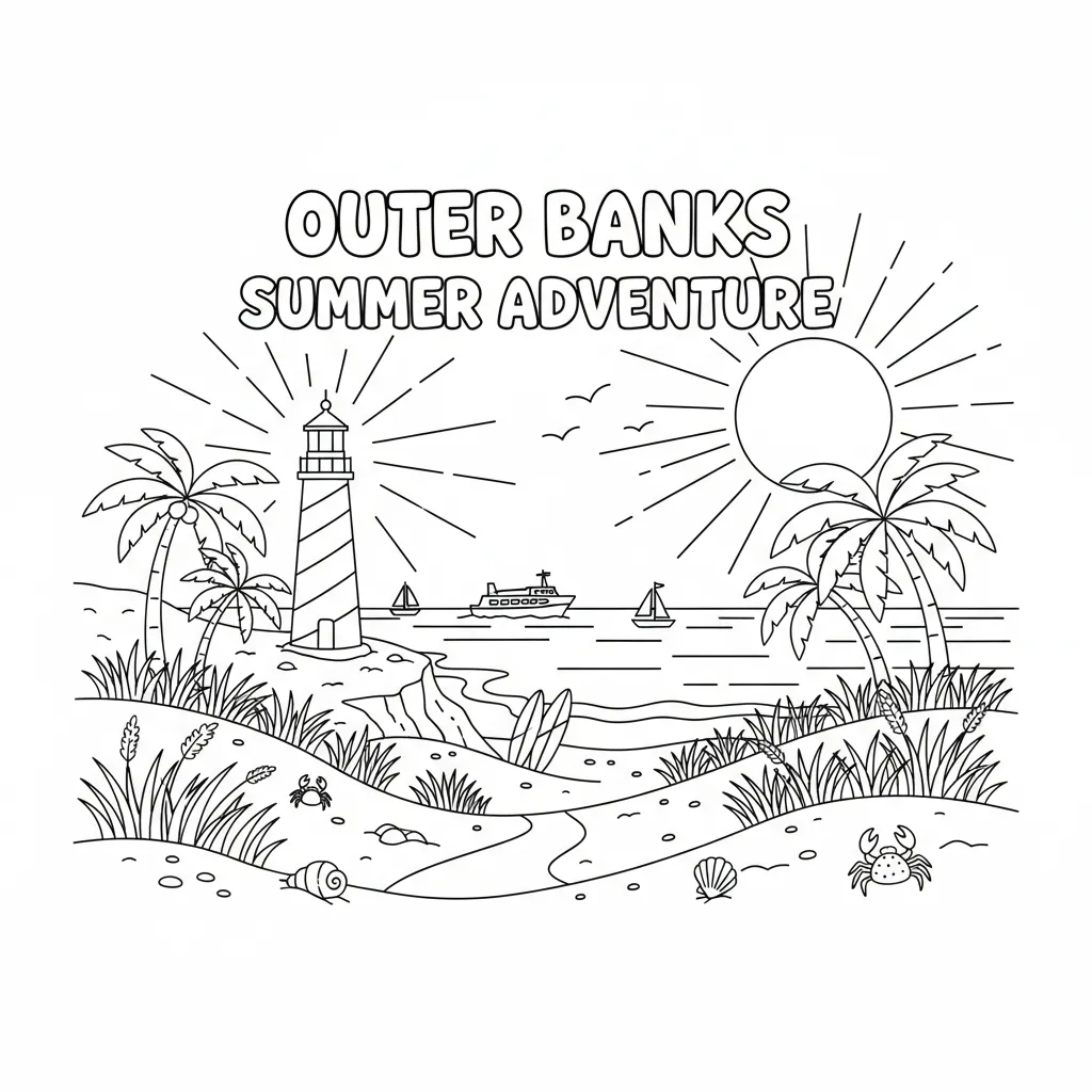 summer coloring page of a vacation scene in the outer banks