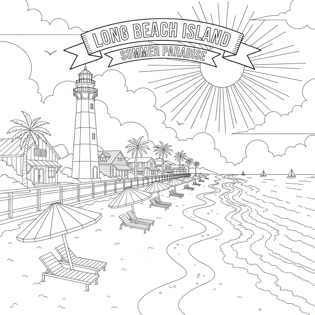 summer coloring page of a vacation scene in long beach island