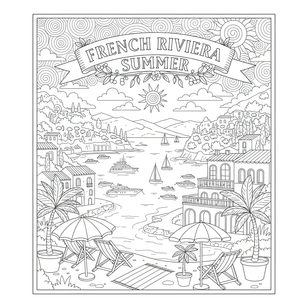 summer coloring page of a vacation scene in the french riviera