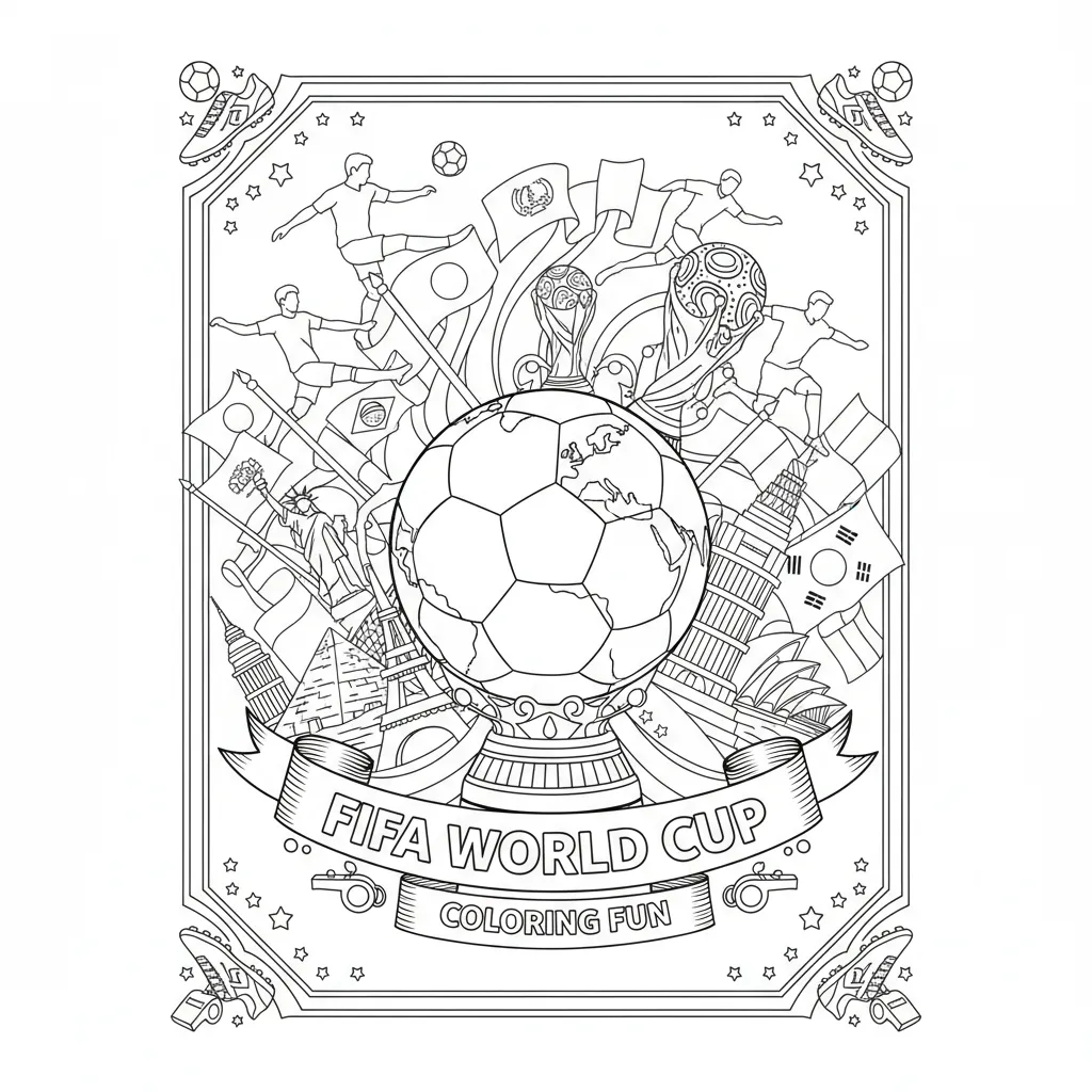 world cup themed soccer coloring page with the words fifa world cup coloring fun