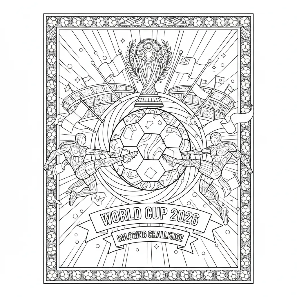 world cup themed soccer coloring page that says world cup 2026 coloring challenge