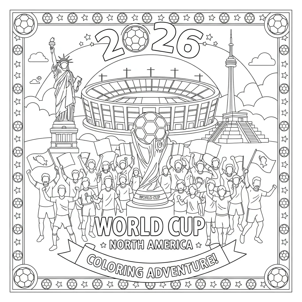 world cup themed soccer coloring page that says 2026 world cup north america coloring adventure!