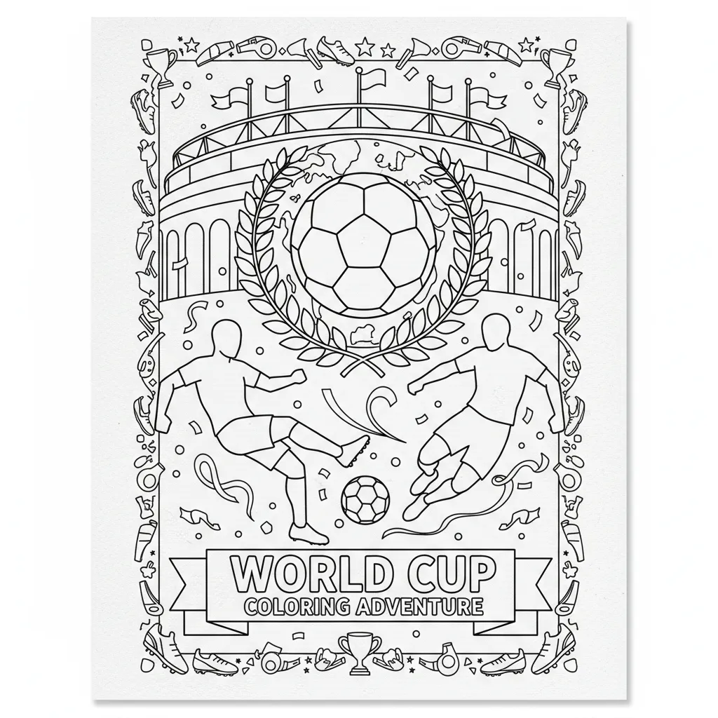 world cup themed soccer coloring page that says world cup coloring adventure