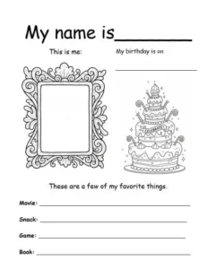All about me page with spaces for a self portrait and favorite things