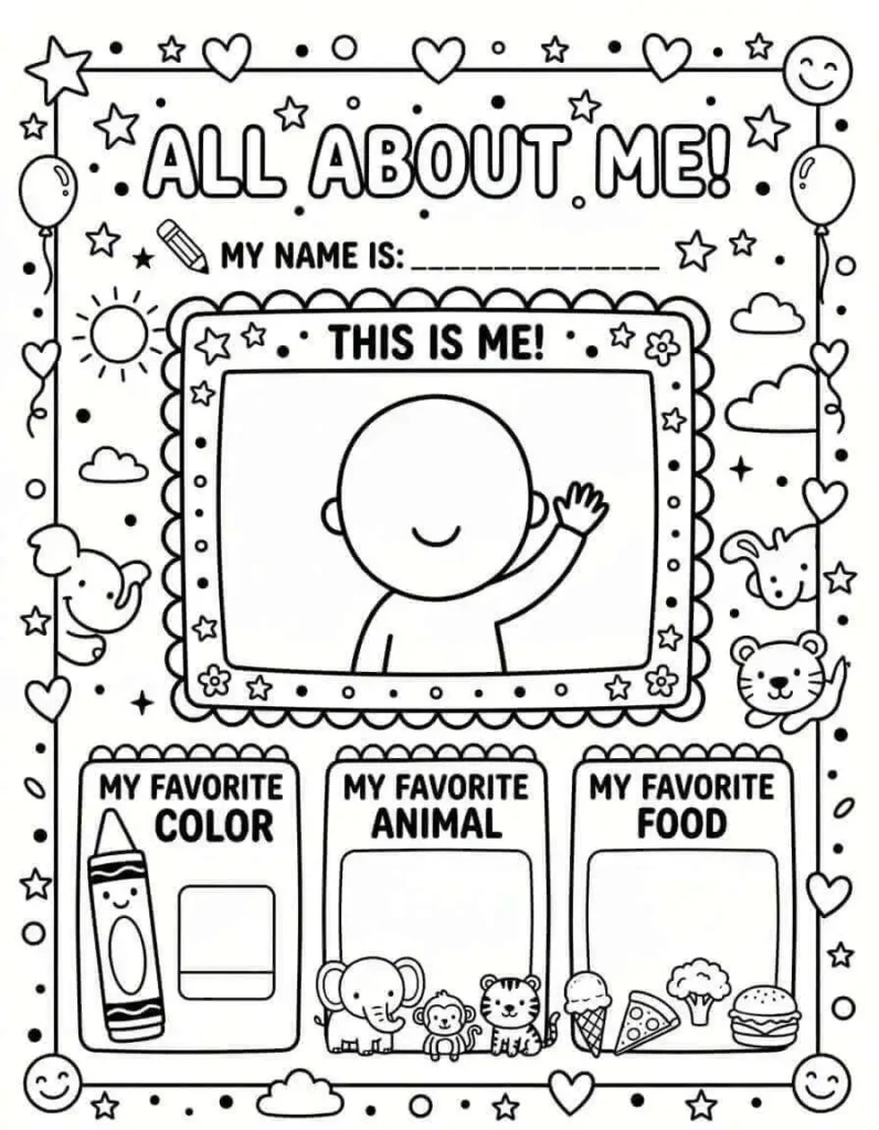 All about me coloring page for kindergarten with spaces for a self-portrait, favorite color, and favorite food