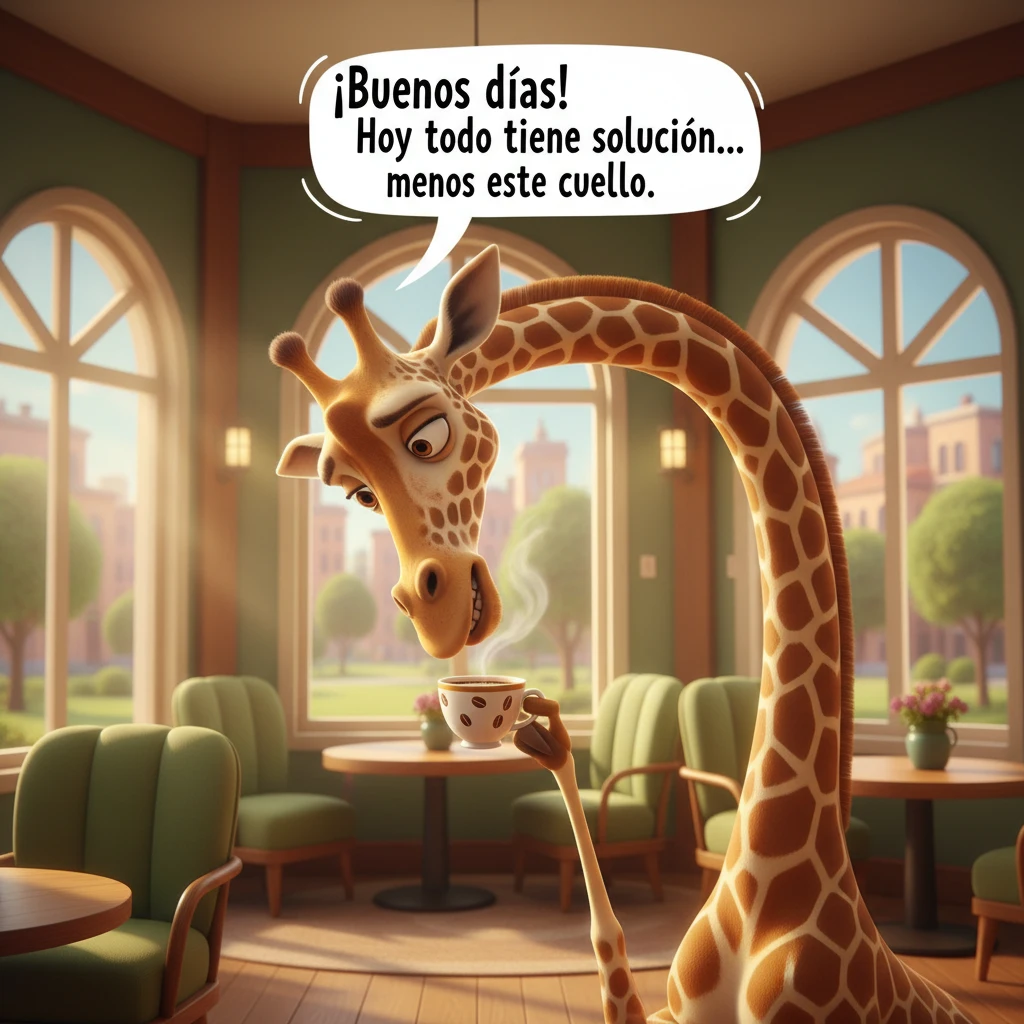 Imagen de buenos días de una jirafa en un salón tomando café.