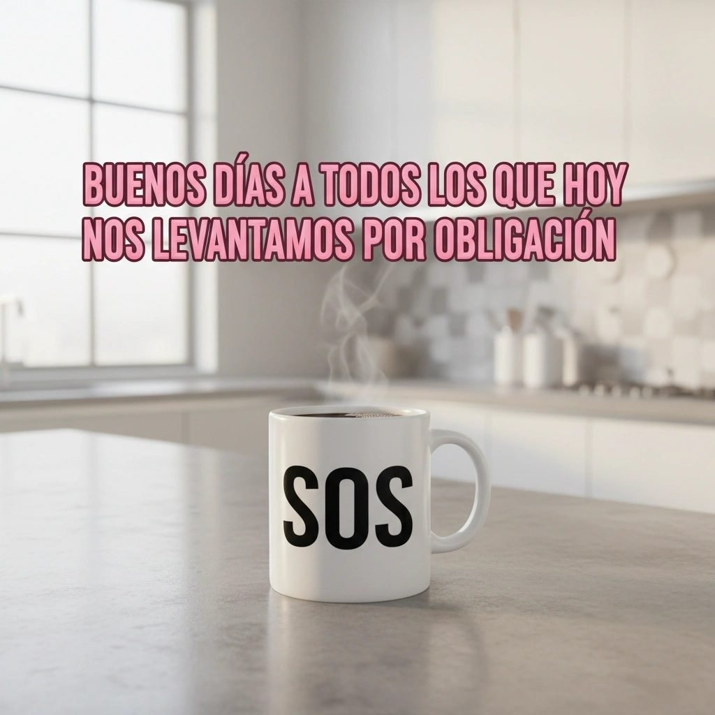 Imagen de buenos días de una taza blanca de café con las letras SOS.