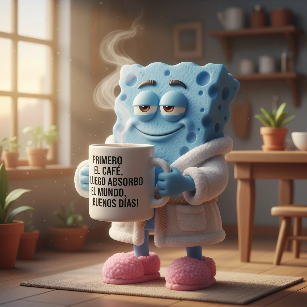 Imagen de buenos días de una esponja en un albornoz tomando una taza de café.