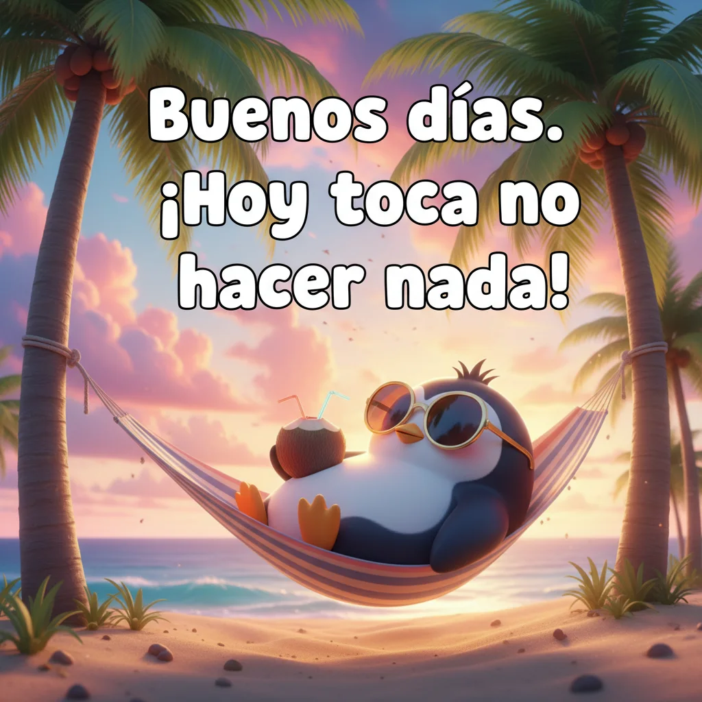Imagen de buenos días de un pingüino tumbado en una hamaca en la playa.