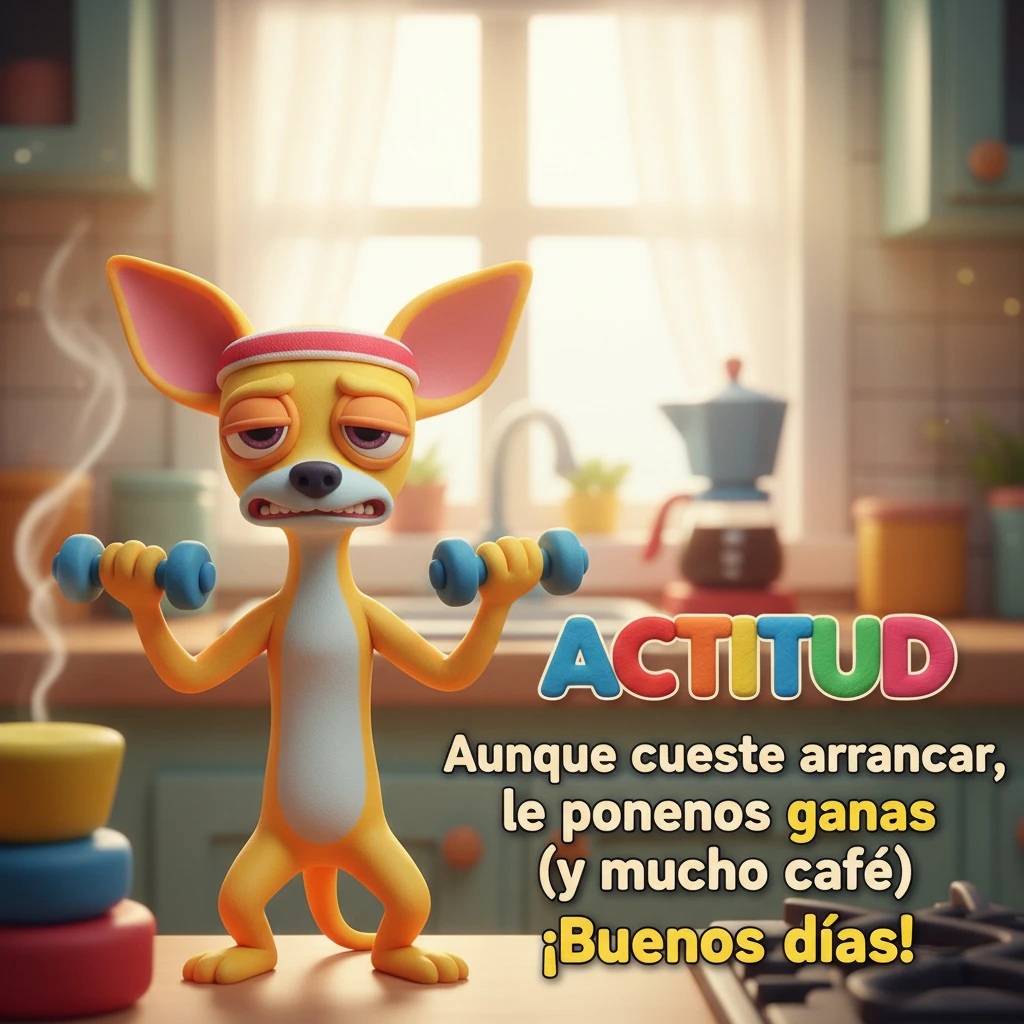 Imagen de buenos días de un chihuahua haciendo pesas en una cocina.