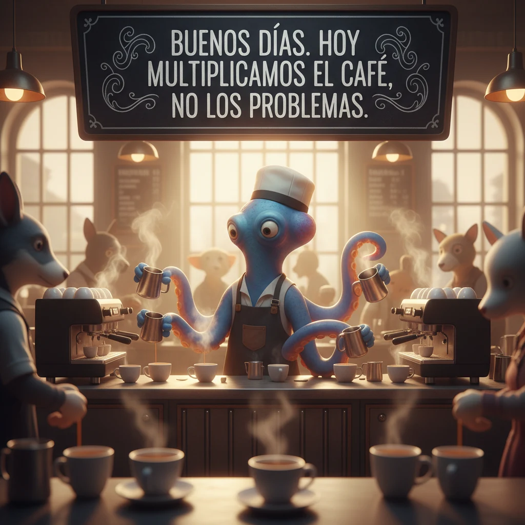 Imagen de buenos días de un pulpo en una cafetería preparando café.