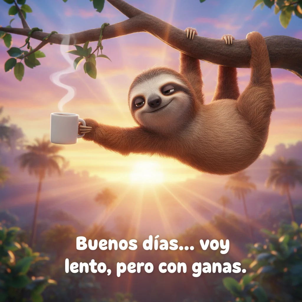 Imagen de buenos días de un perezoso en un árbol tomando café.