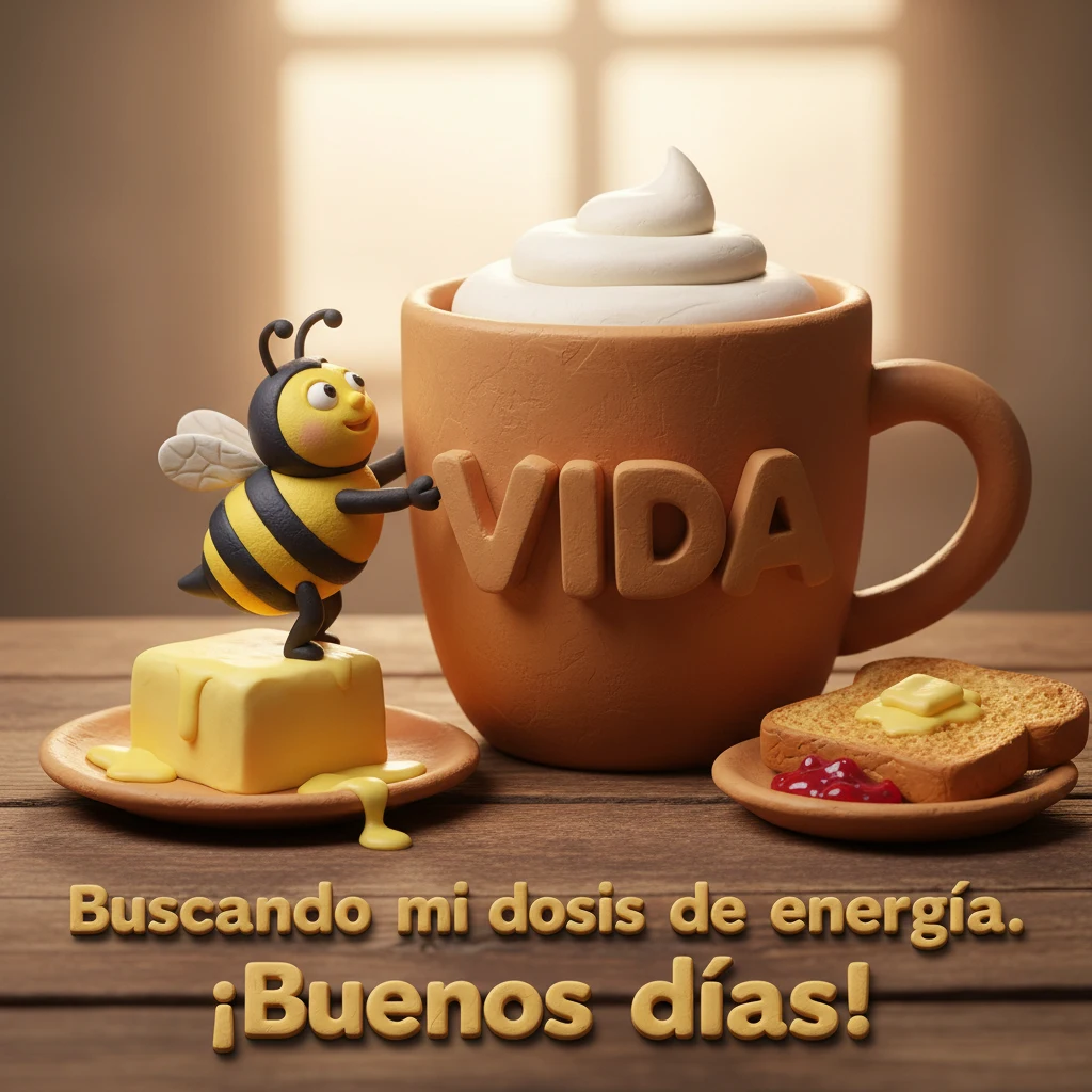 Imagen de buenos días de una abeja sobre un bloque de mantequilla intentando beber de una taza.