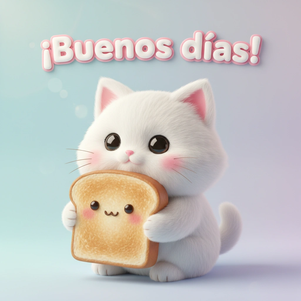 Imagen de buenos días de un gato sosteniendo una tostada con una carita feliz.