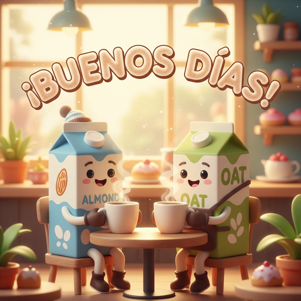 Imagen de buenos días de dos cartones de leche de almendra y avena tomando café.