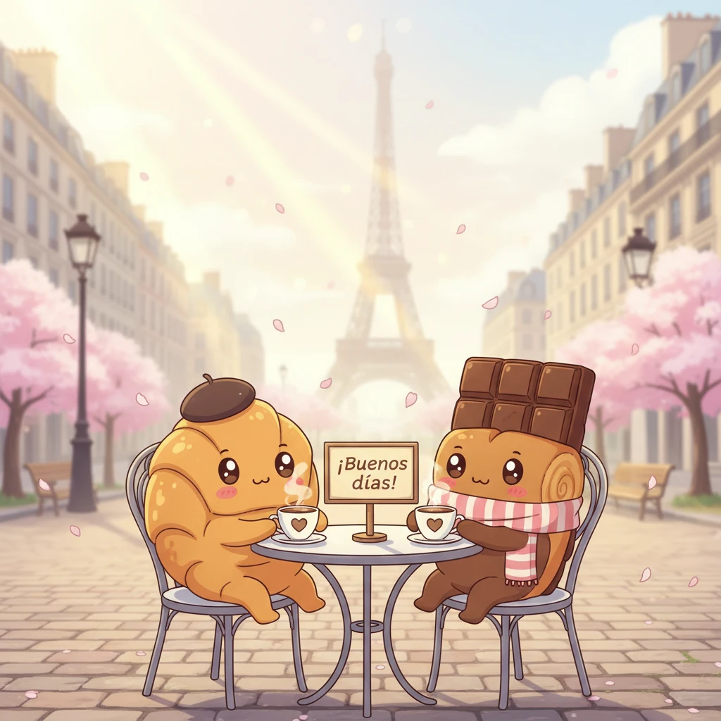Imagen de buenos días de dos dulces sentados tomando café en París.