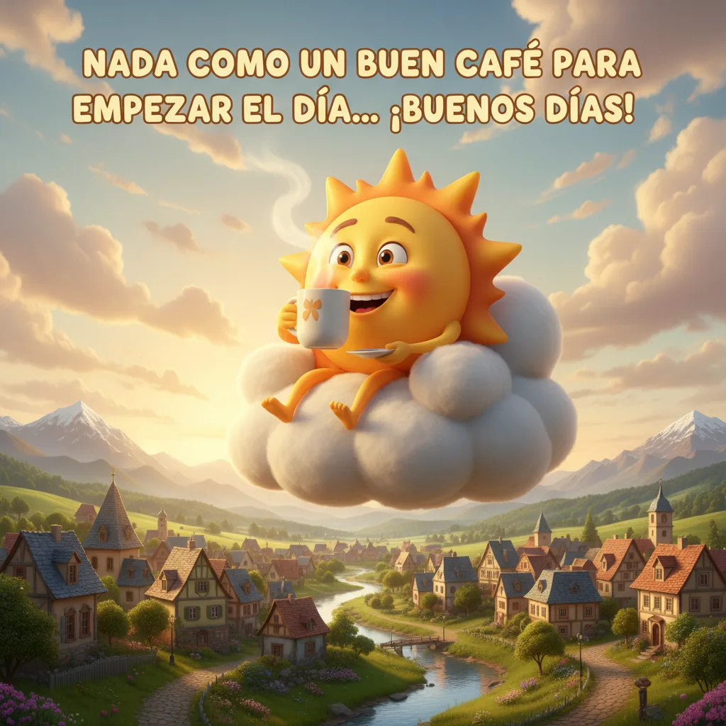 Imagen de buenos días del sol sentado en una nube sobre una aldea tomando café.