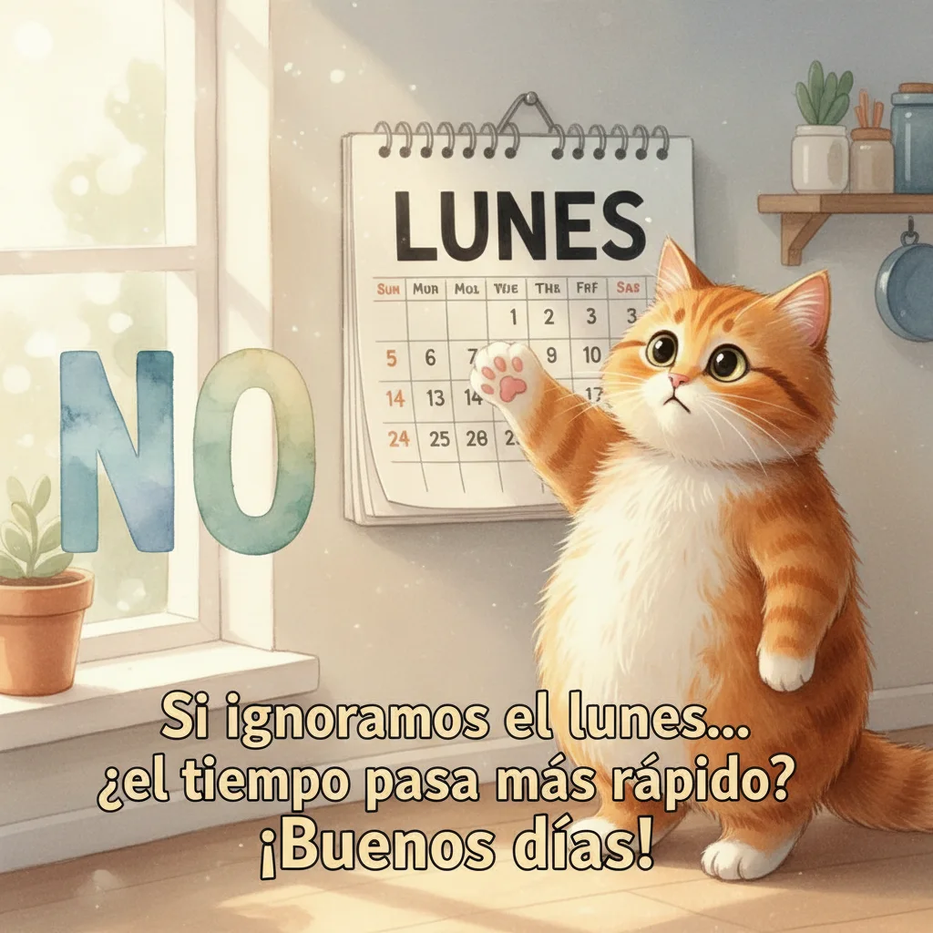 Imagen de buenos días de un gato intentando tapar un calendario.