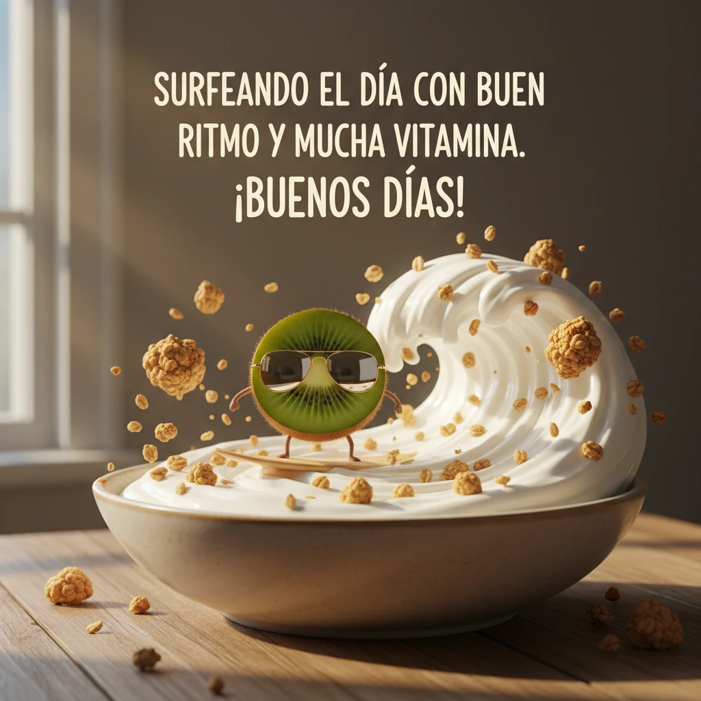 Imagen de buenos días de un kiwi surfeando en un bol de cereales.