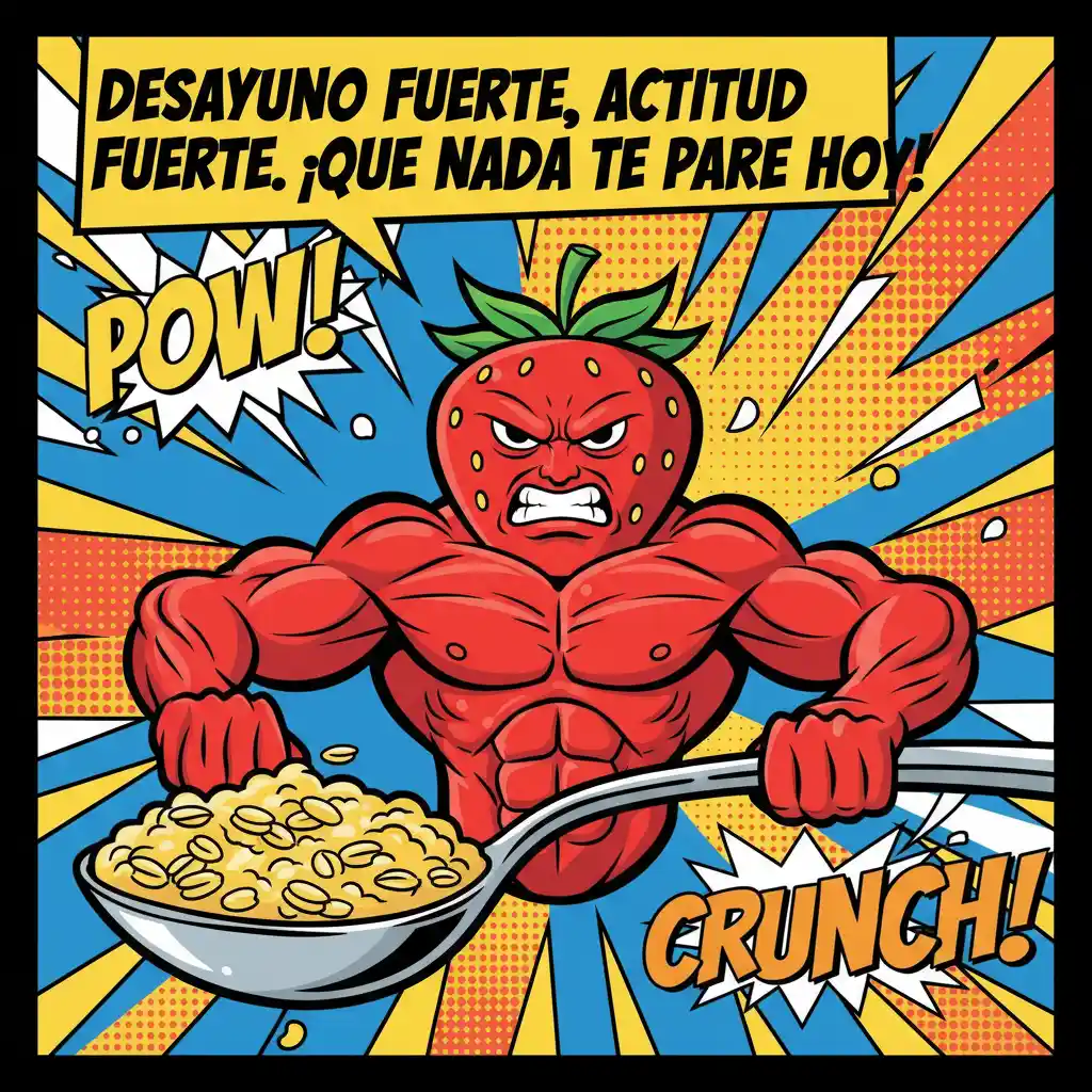 Imagen de buenos días de una fresa musculosa sosteniendo una cuchara de cereales.