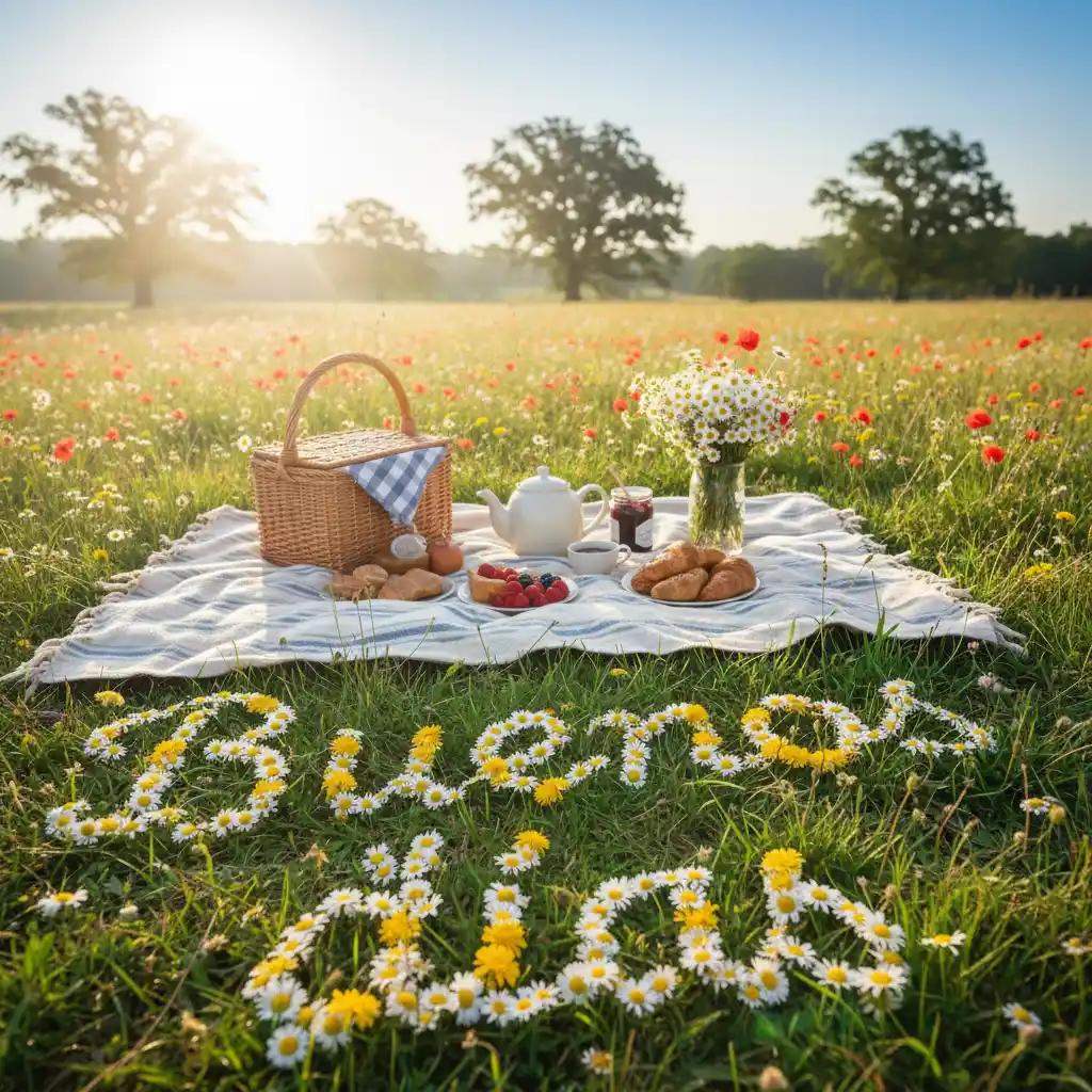 Imagen de buenos días de un picnic en un campo rodeado de flores.