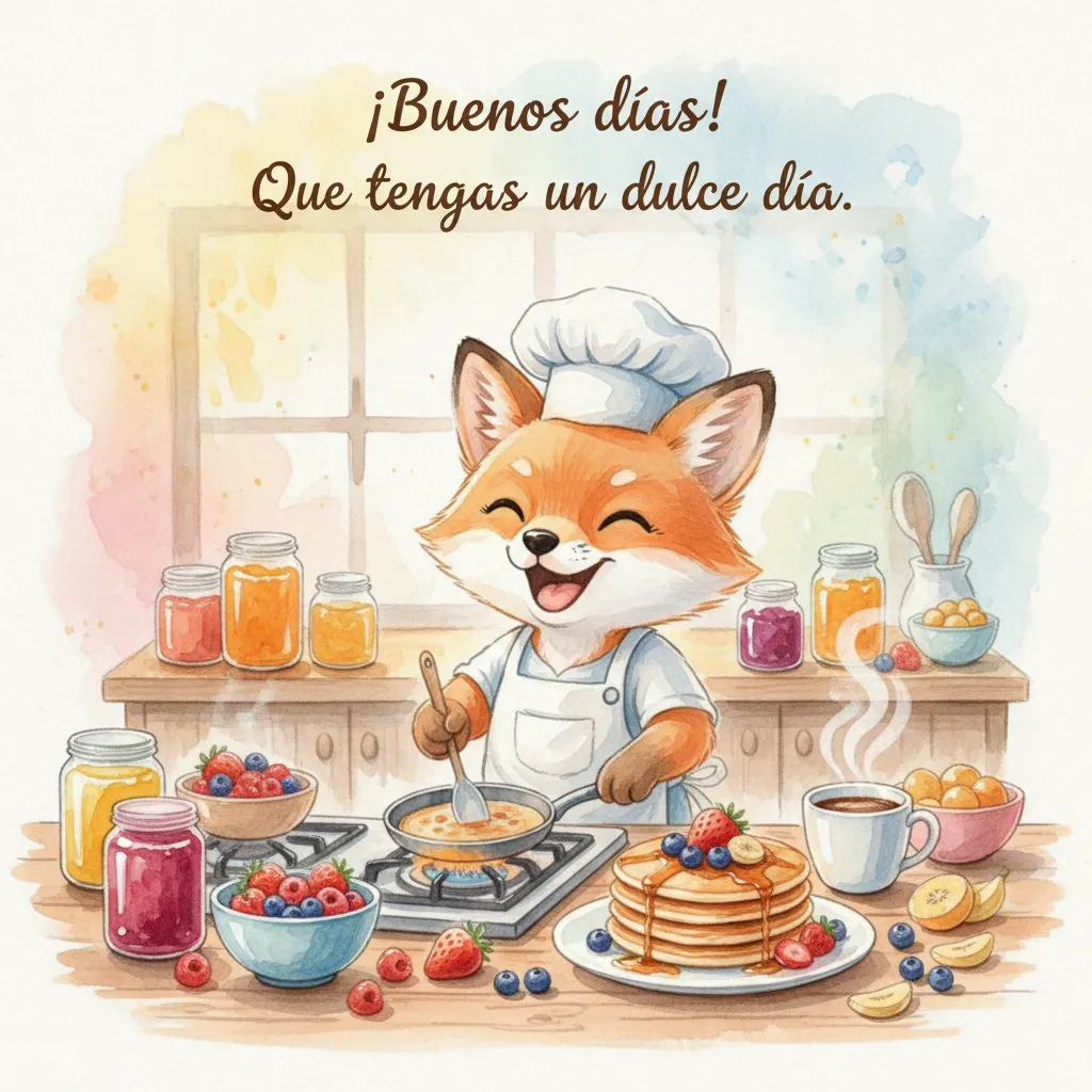 Imagen de buenos días de un zorro preparando un desayuno.